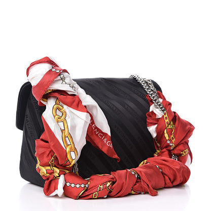 Balenciaga Nylon Jacquard Diagonal Logo Medium Scarf Lock Chain Shoulder Bag Black Red 3 of 9
