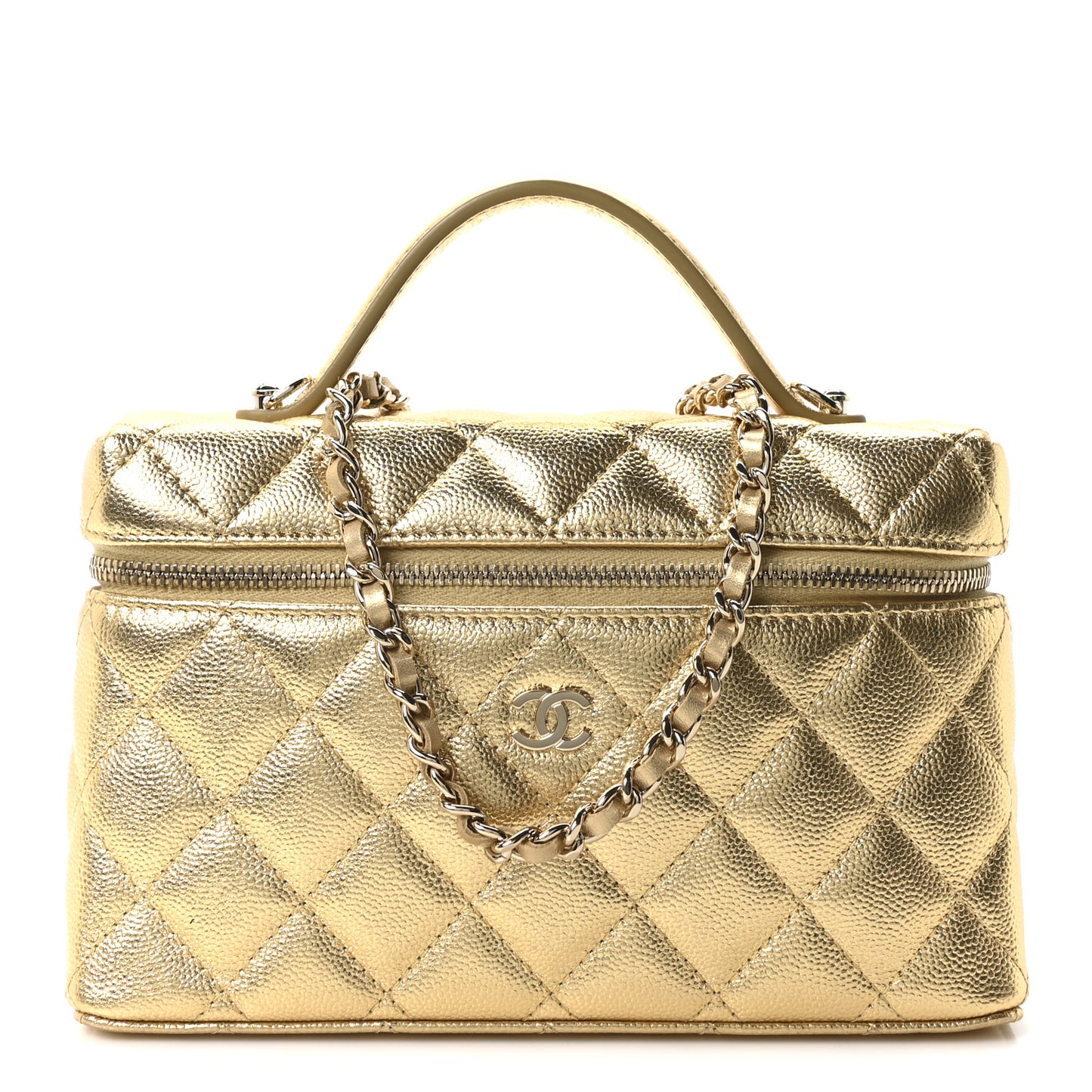 Metallic Caviar Quilted Top Handle Slim Vanity With Chain Gold