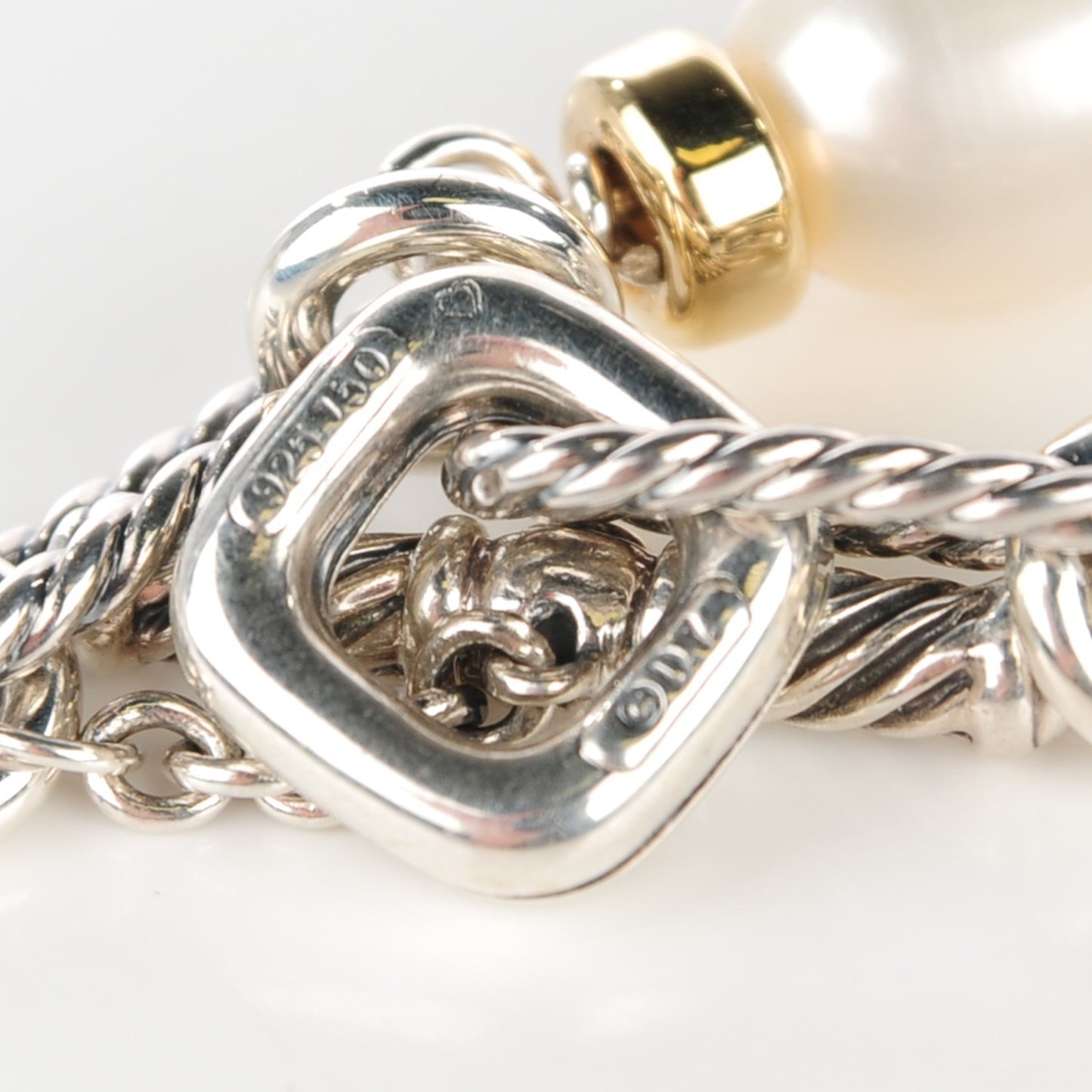 Sterling Silver 18K Yellow Gold Pearl Figaro Bracelet