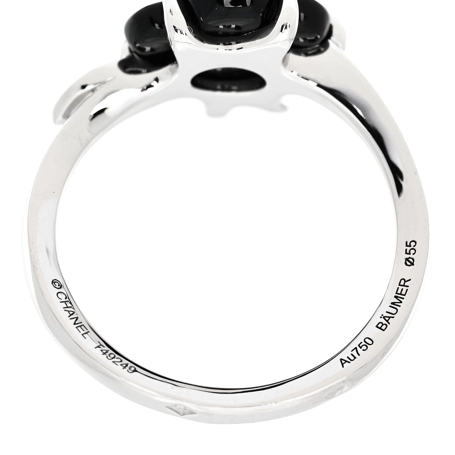 Chanel 18K White Gold Diamond Onyx Camellia Ring 55 7.25 1825982