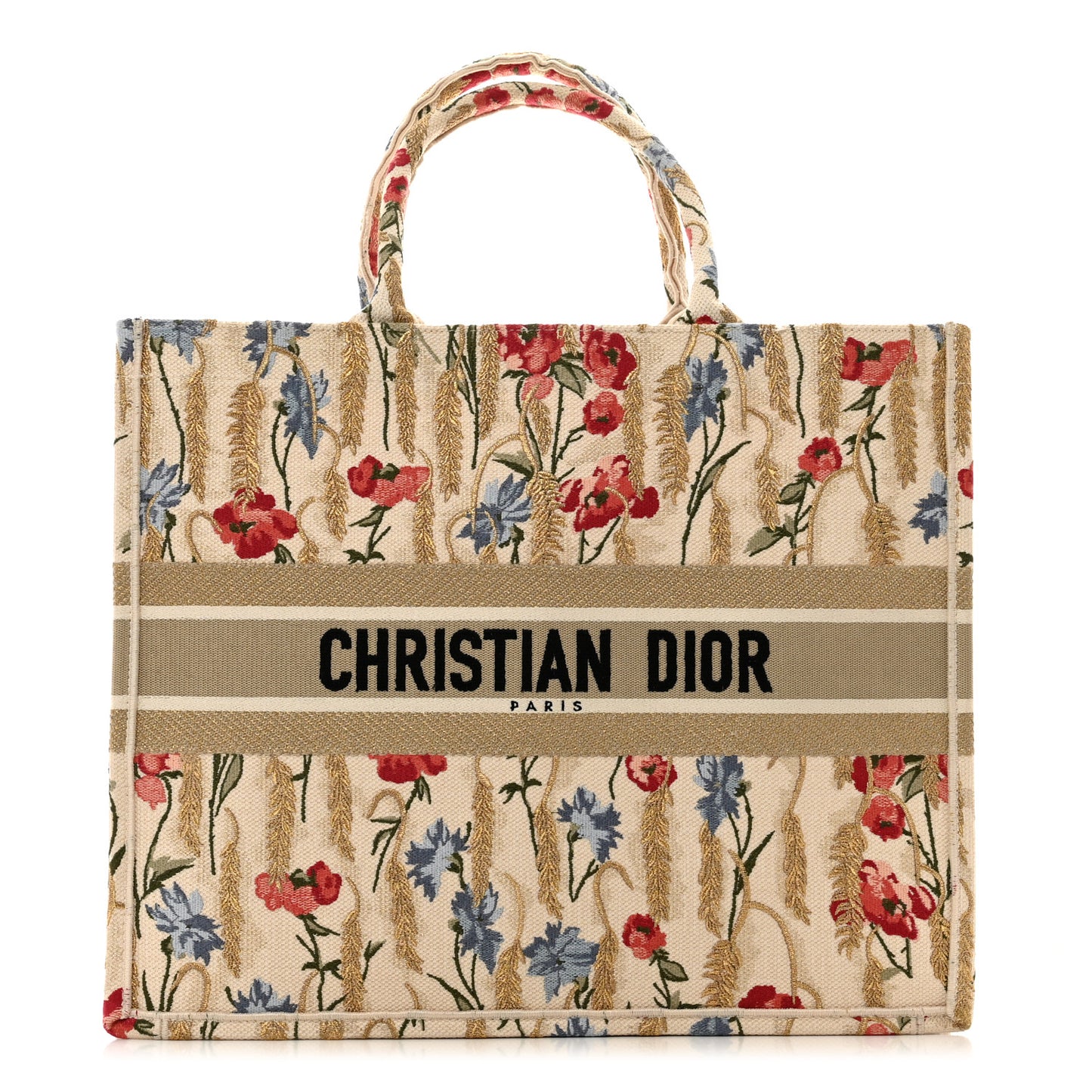 Canvas Embroidered Large Hibiscus Book Tote Beige Multicolor