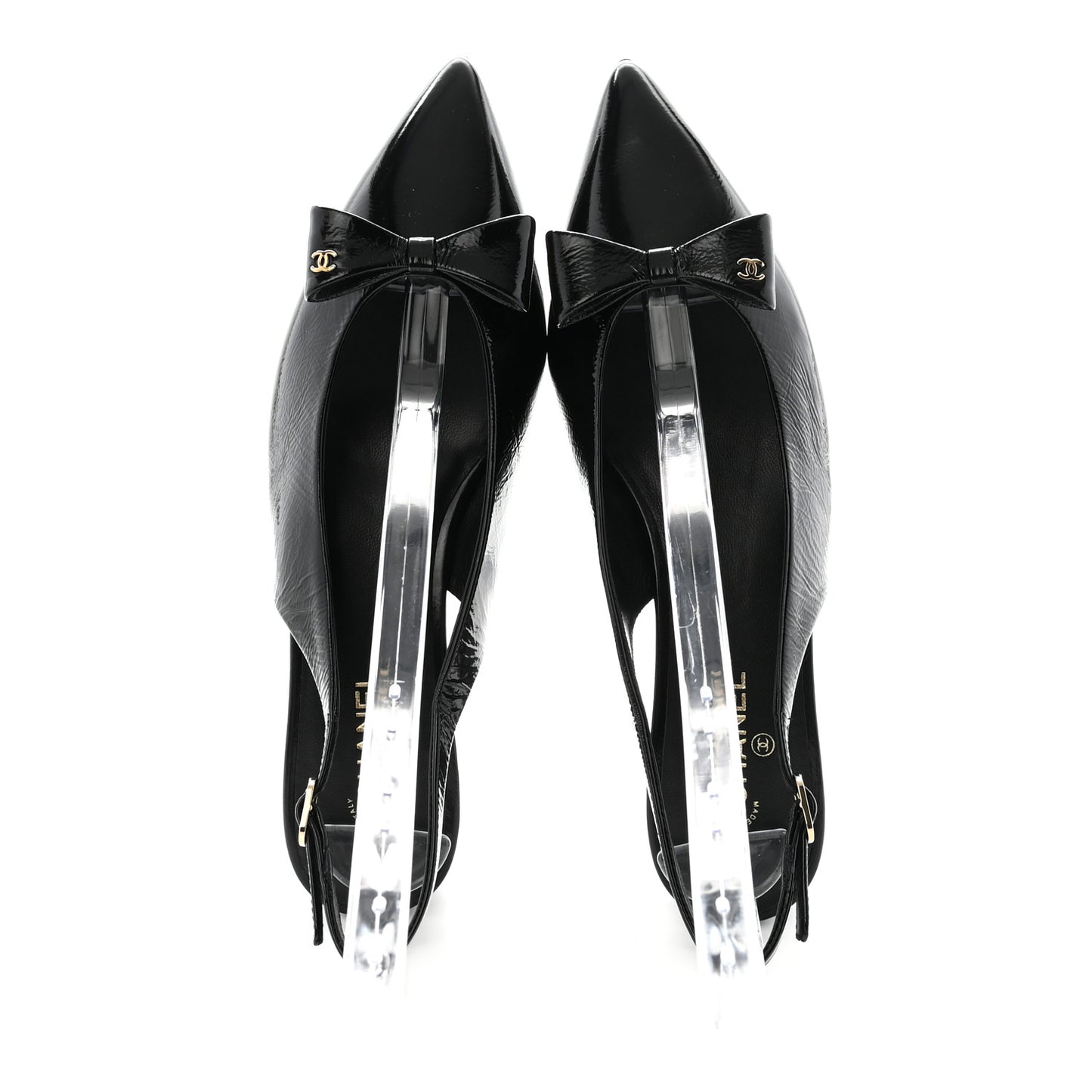 Crumpled Patent Calfskin CC Bow Slingback Pumps 37 Black