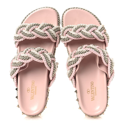Valentino Garavani Silk Cord Calfskin Rockstud Rope Espadrille Wedge Sandals 39 Pink 2 of 11