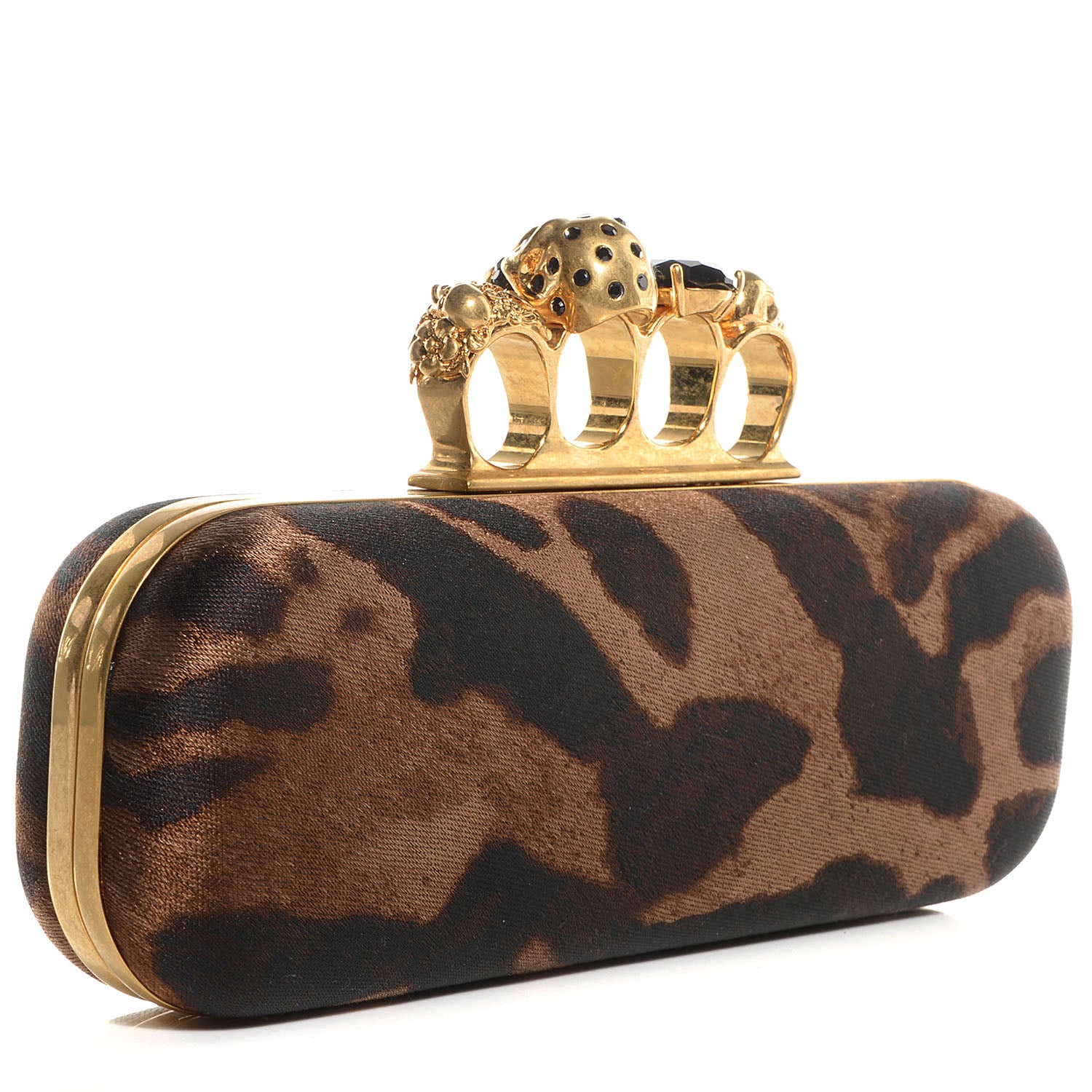 Alexander McQueen Silk Ocelot Print Skull Knuckle Box Clutch 3 of 9