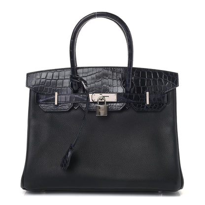 Hermes Taurillon Novillo Shiny Niloticus Crocodile Birkin Touch 30 Black Bleu Marine 1 of 9