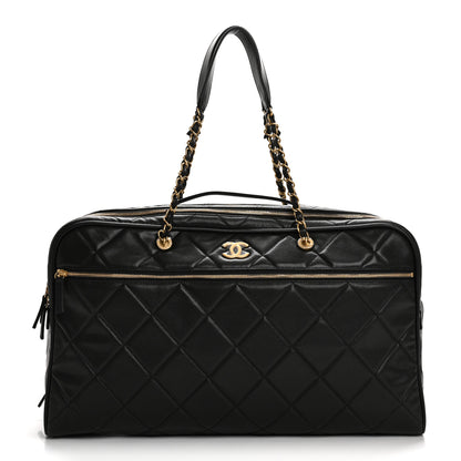 Chanel Shiny Grained Calfskin Quilted Large Travel Bowling Bag Black 1 of 11