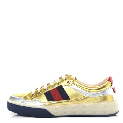 Gucci Metallic Nappa Web Mens Low Top Sneakers 8.5 Argento Oro Vecchio 1 of 11