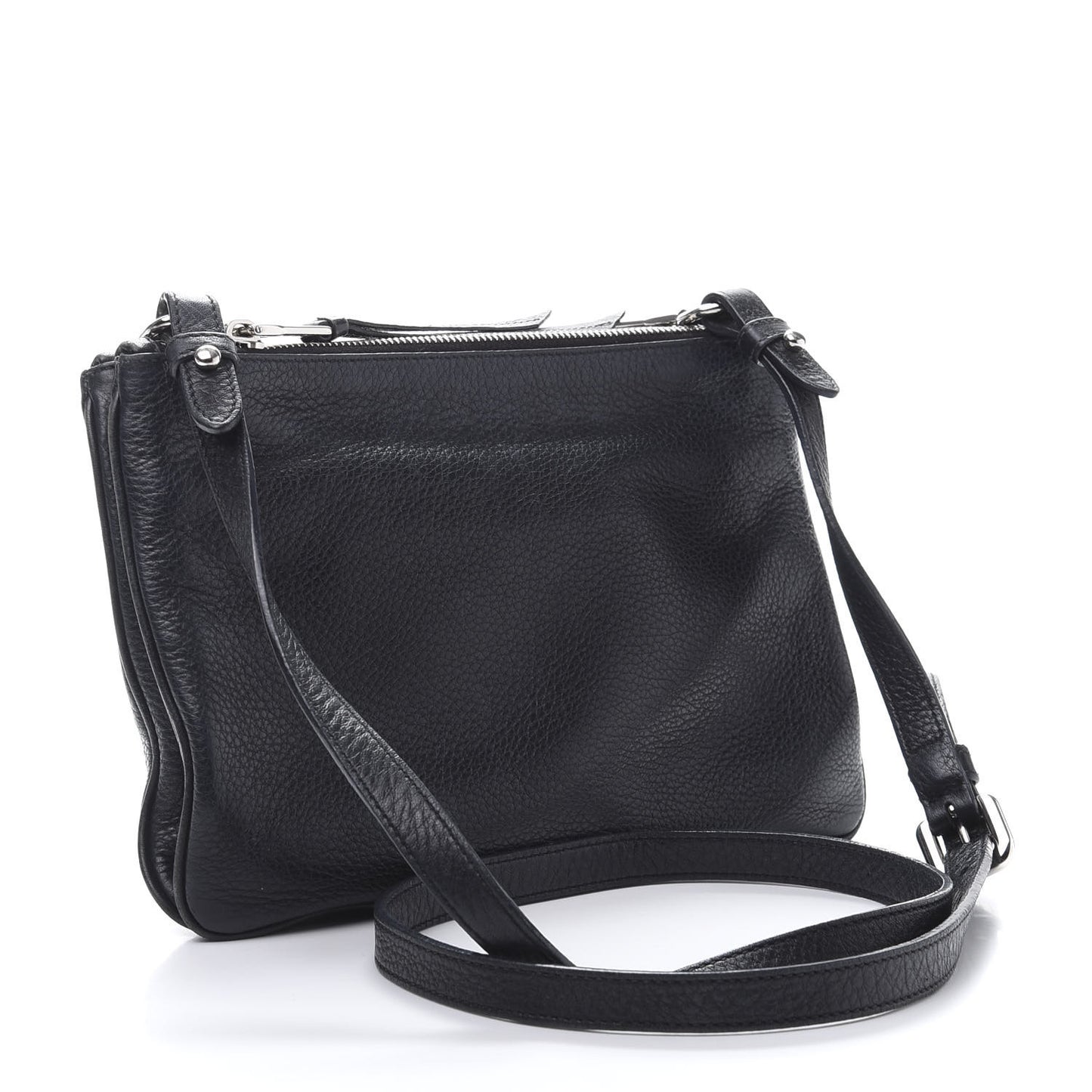 Vitello Daino Double Zip Crossbody Bag Black