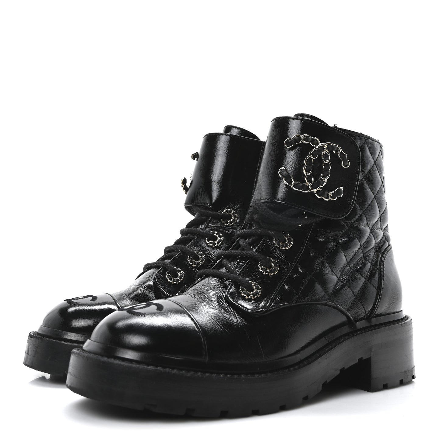 Shiny Calfskin Quilted Lace Up Combat Boots 36 Black