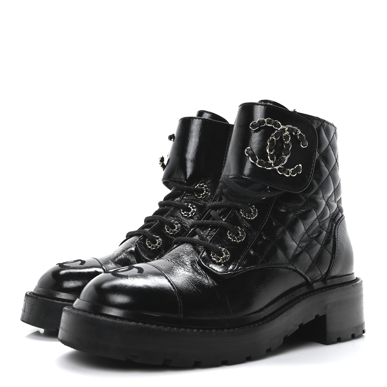 Chanel Shiny Calfskin Quilted Lace Up Combat Boots 36 Black 4 of 10