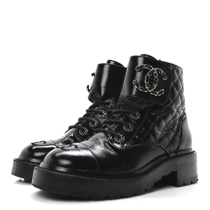 Chanel Shiny Calfskin Quilted Lace Up Combat Boots 36 Black 4 of 10