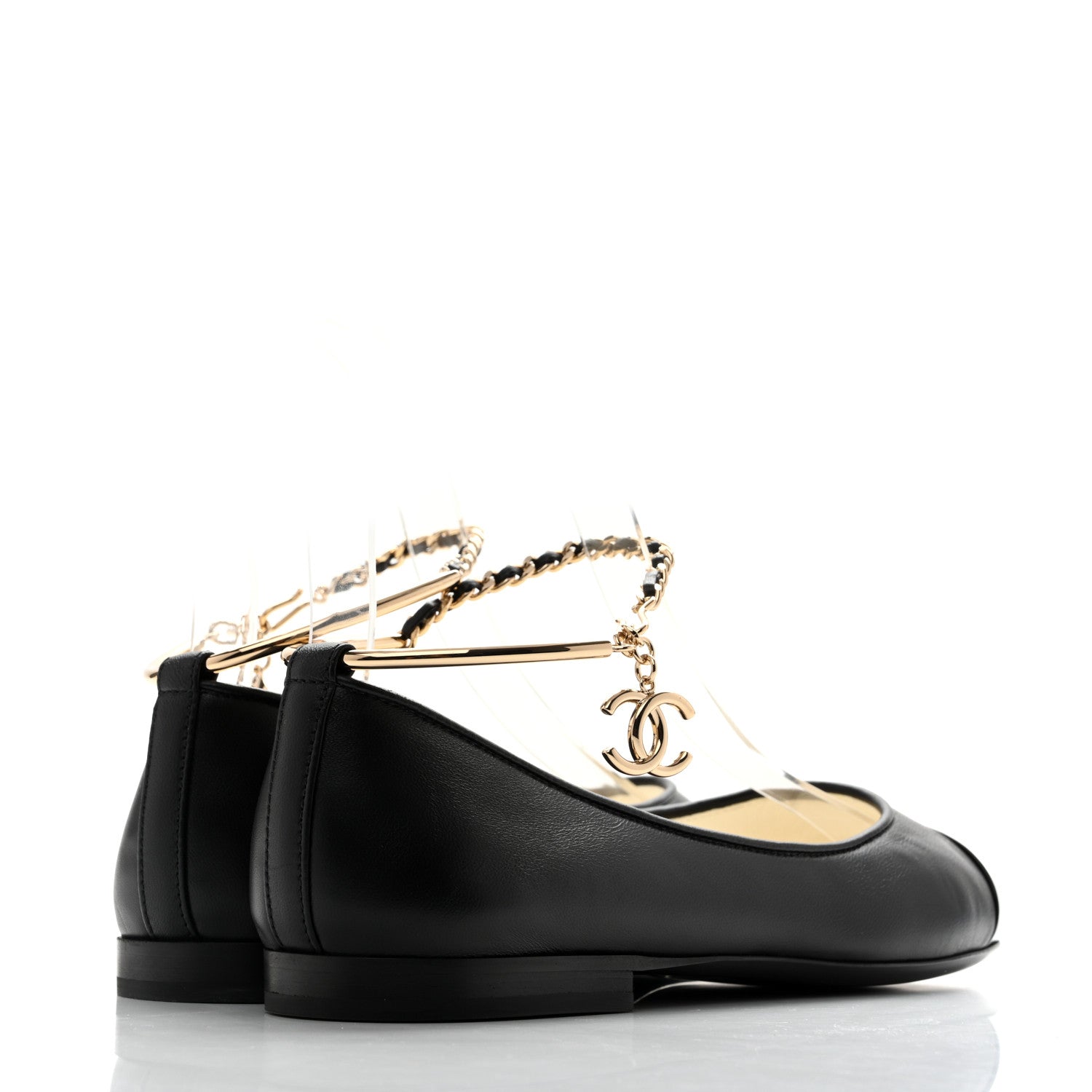 Chanel Lambskin Patent Calfskin Cap Toe Ankle Chain Ballerina Flats 36 Black 5 of 10