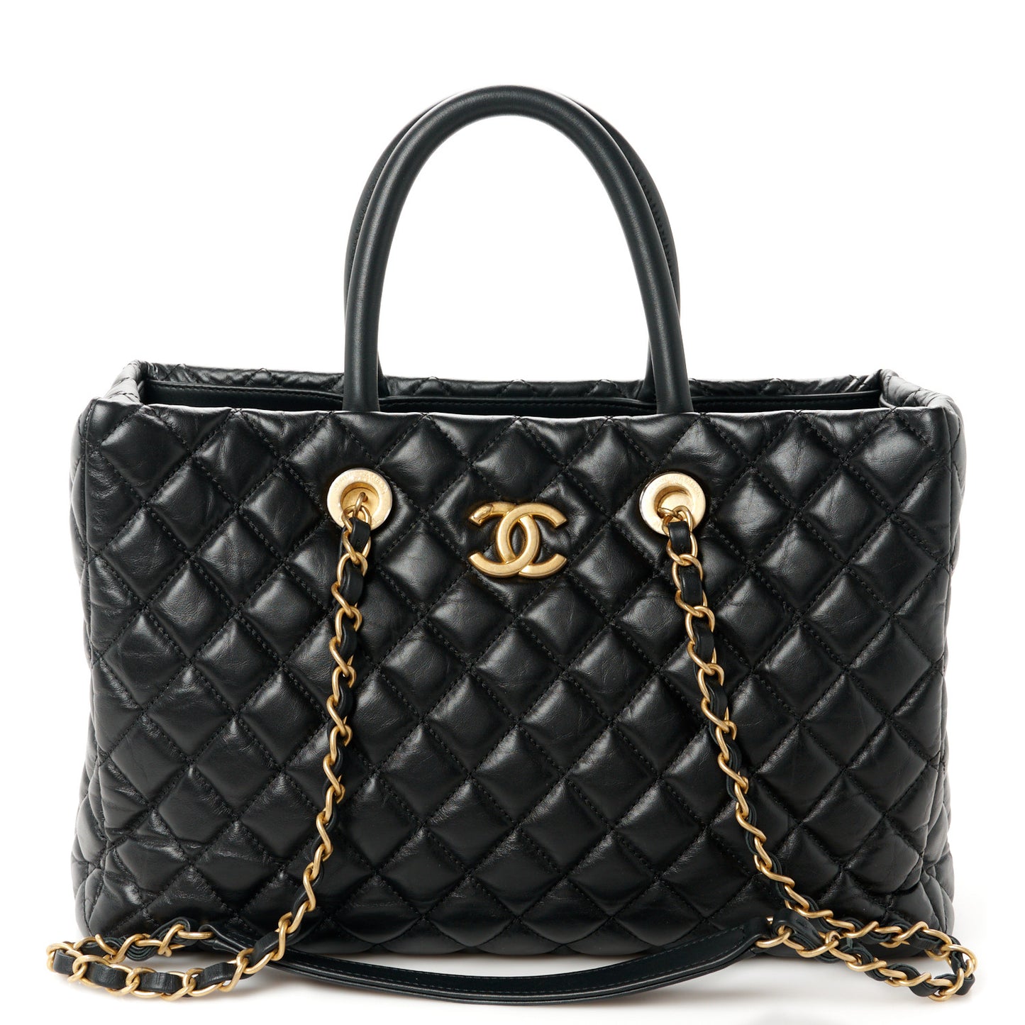 Aged Calfskin Quilted Large Coco Handle Shopping Tote Black