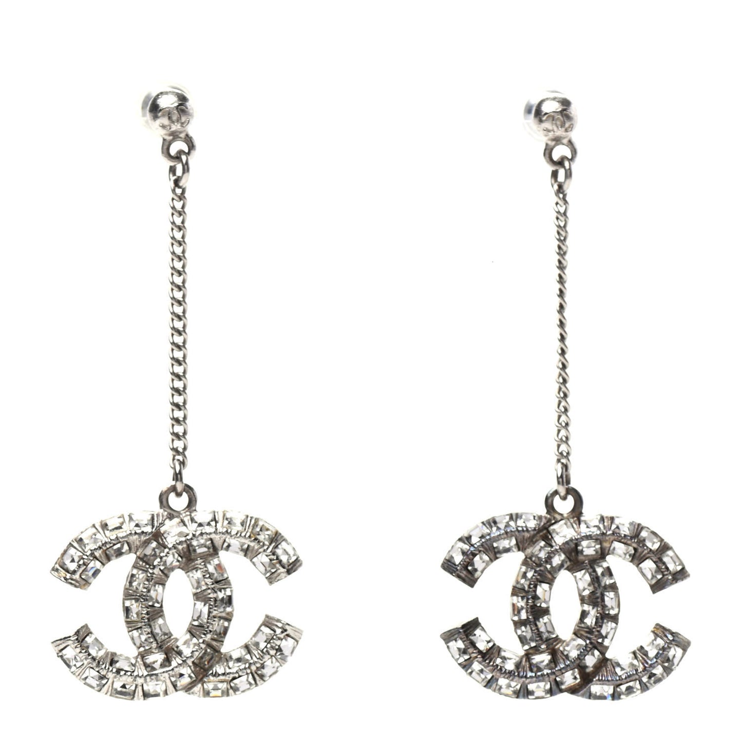 Baguette Crystal CC Drop Earrings Silver