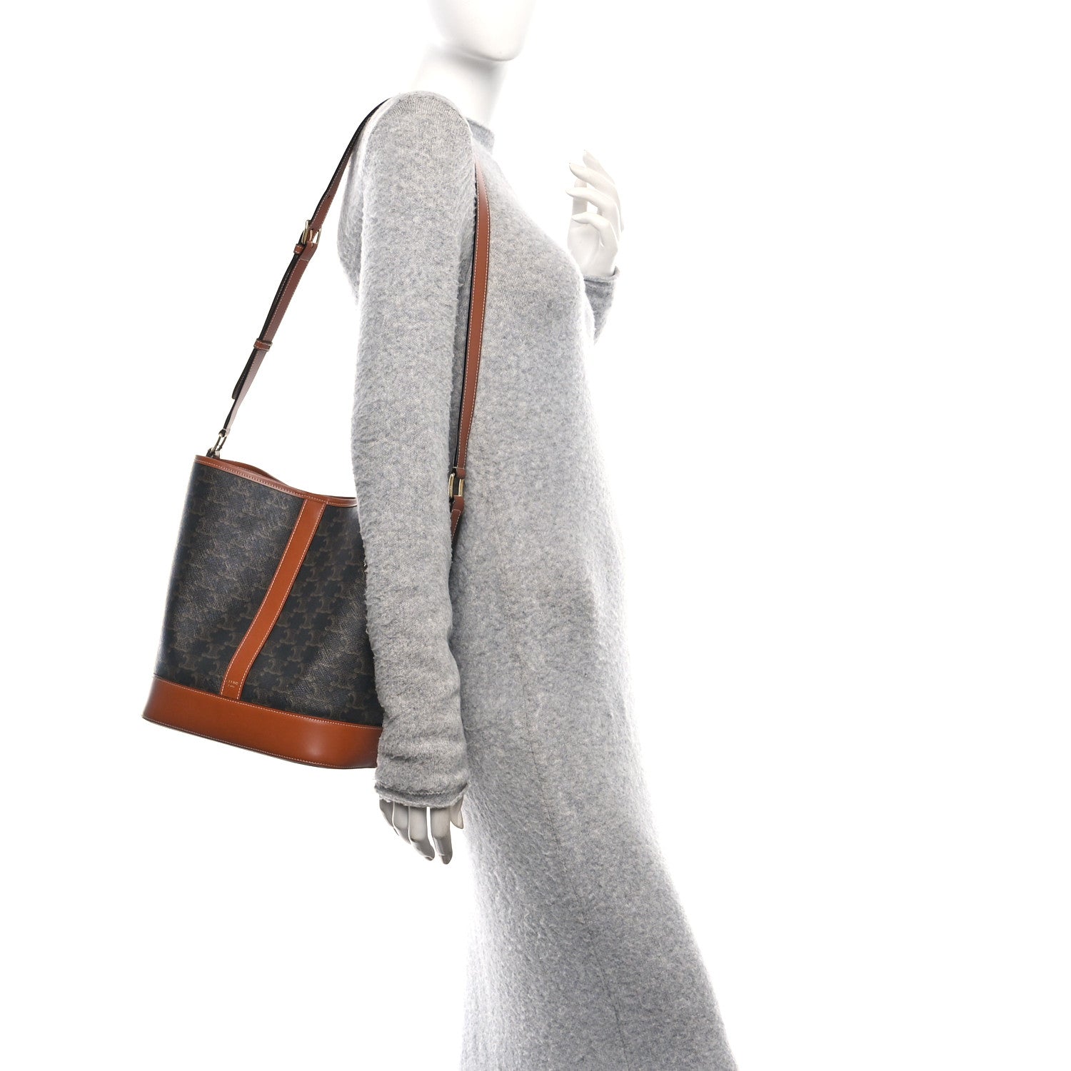 Celine Triomphe Canvas Calfskin Medium Bucket Bag Tan 2 of 10