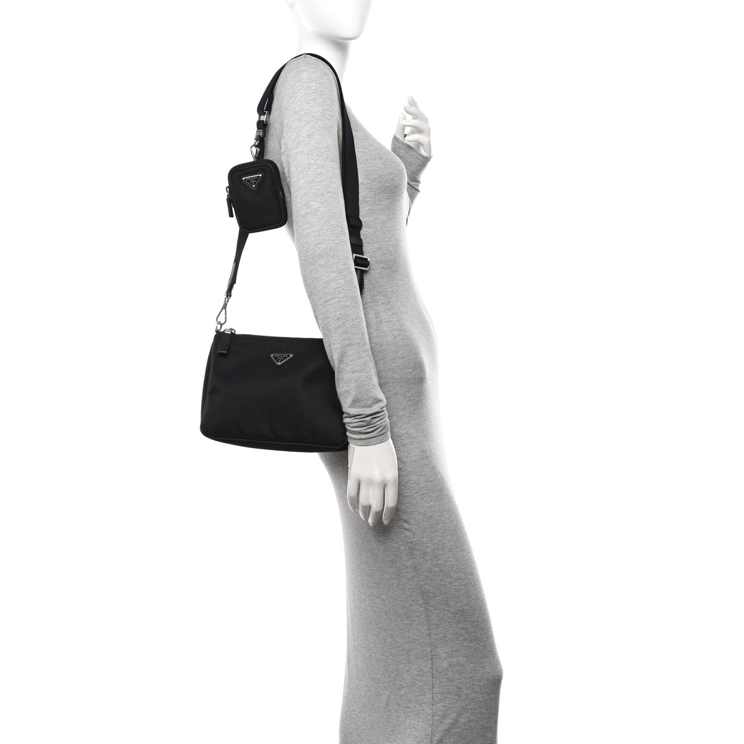 Prada Tessuto Nylon Saffiano Pocket Zippered Shoulder Bag Black 2 of 11