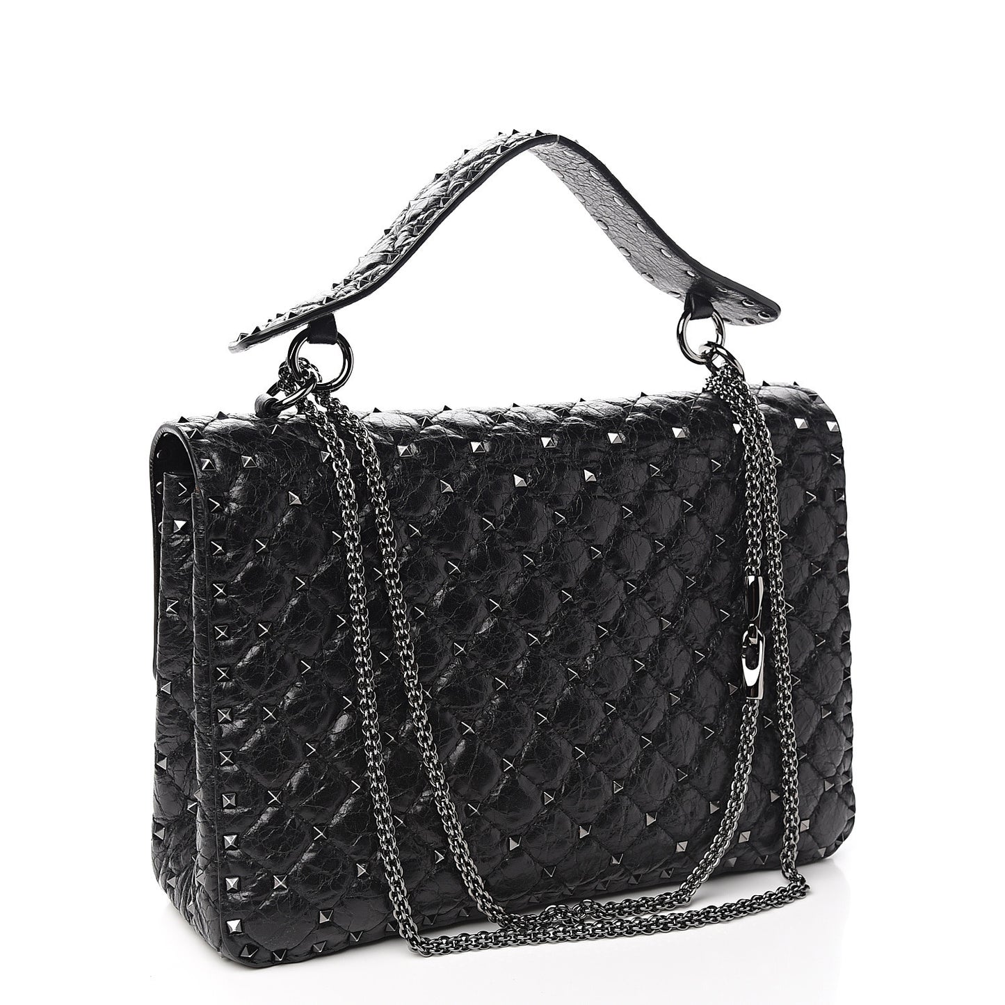 Craquele Nappa Large Rockstud Spike Shoulder Bag Black