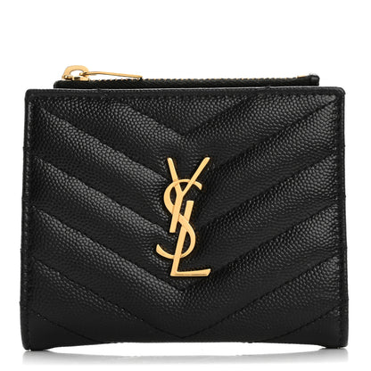 Saint Laurent Grain De Poudre Matelasse Chevron Monogram Zipped Card Case Black 1 of 9