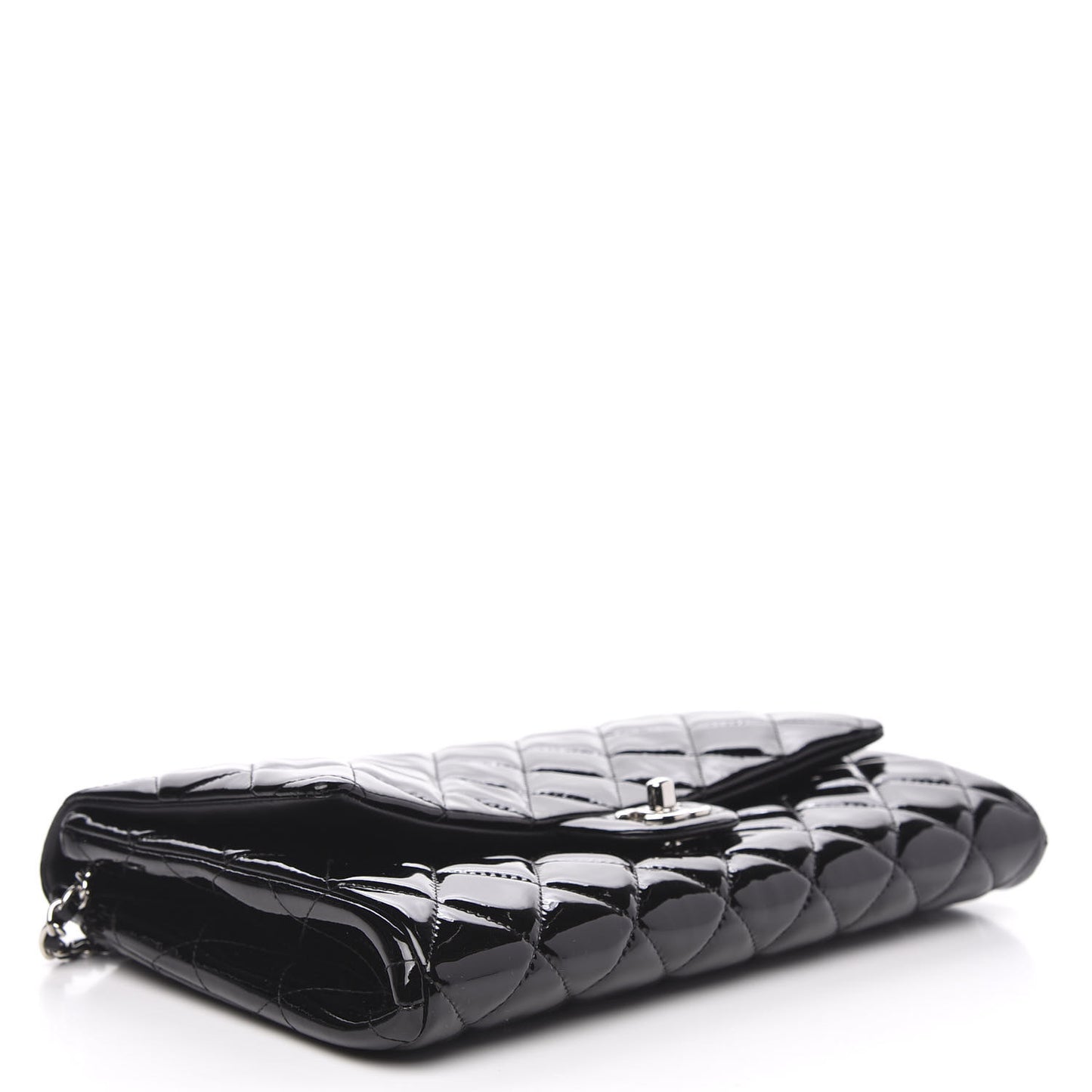 Striated Patent Quilted Clutch With Chain Flap Black