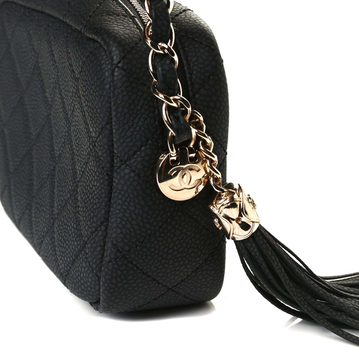 Iridescent Caviar Quilted Mini Coco Tassel Camera Case Black