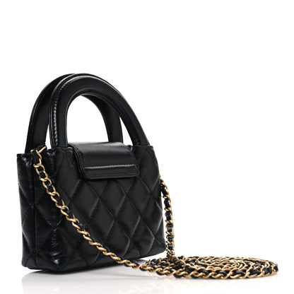 Chanel Shiny Aged Calfskin Quilted Mini Nano Kelly Shopper Black 2 of 9