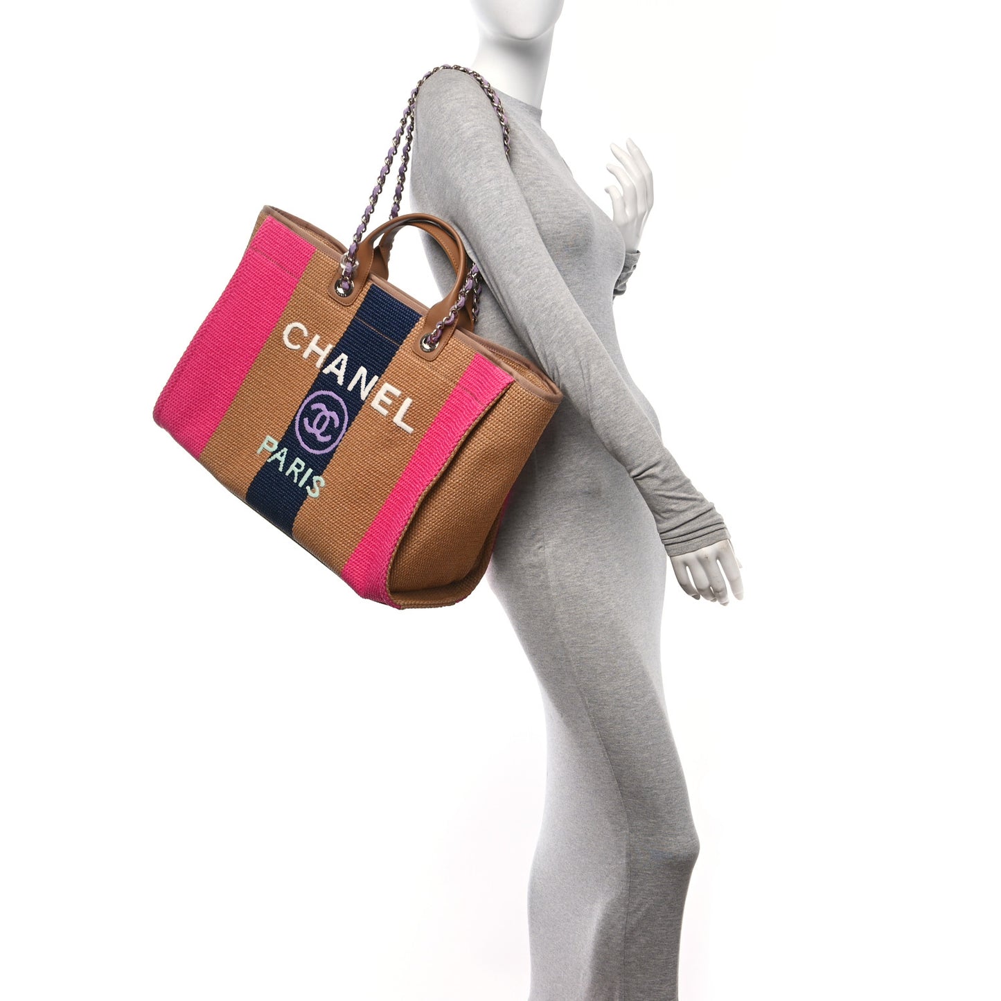 Straw Raffia Calfskin Striped Large Deauville Tote Dark Beige Fuchsia Navy Blue