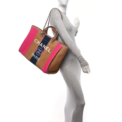 Chanel Straw Raffia Calfskin Striped Large Deauville Tote Dark Beige Fuchsia Navy Blue 2 of 10