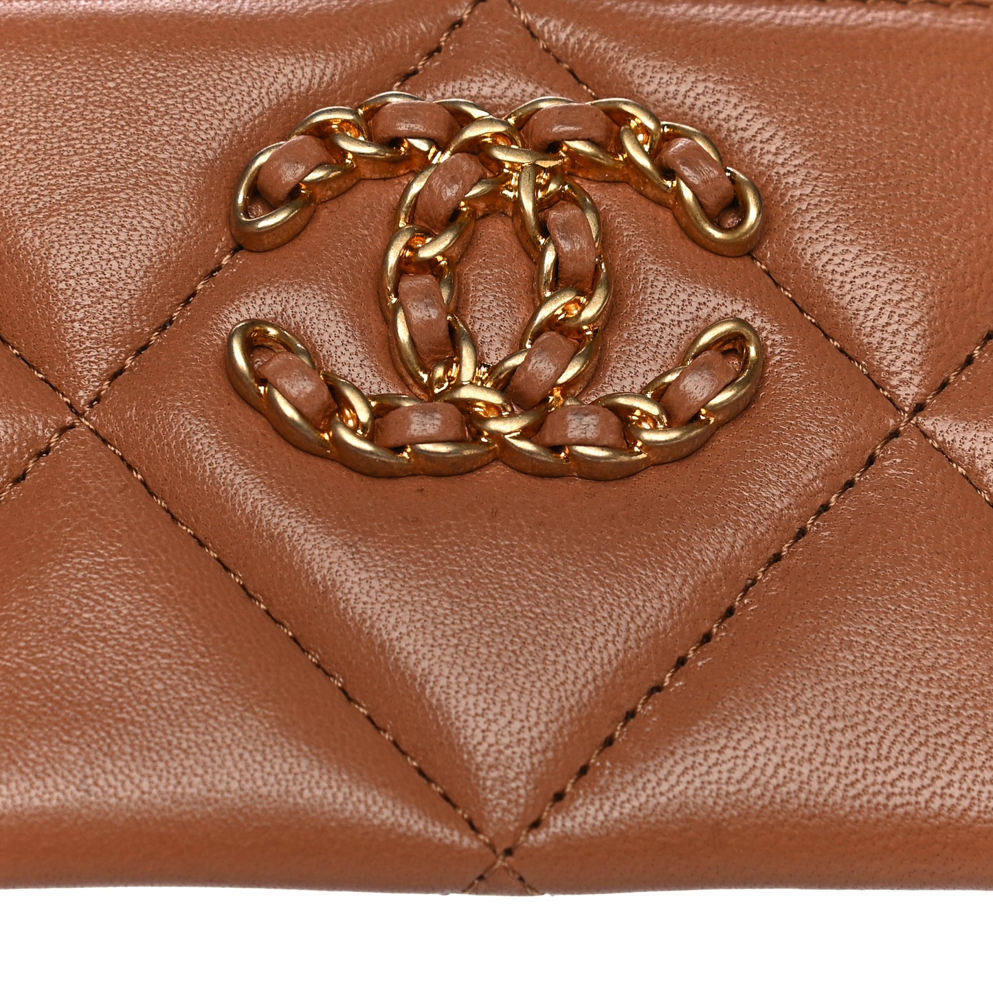 Lambskin Quilted Chanel 19 Card Holder Brown