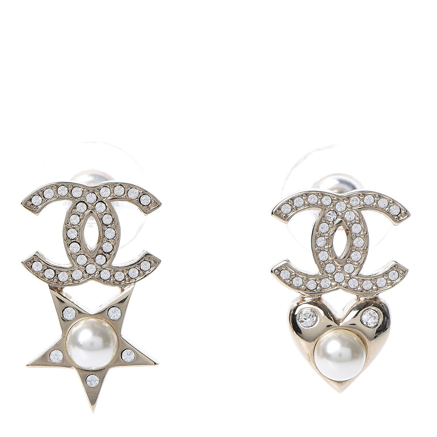 Chanel Crystal Pearl Charming Winter CC Star Heart Earrings Gold 1 of 5