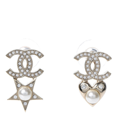 Chanel Crystal Pearl Charming Winter CC Star Heart Earrings Gold 1 of 5
