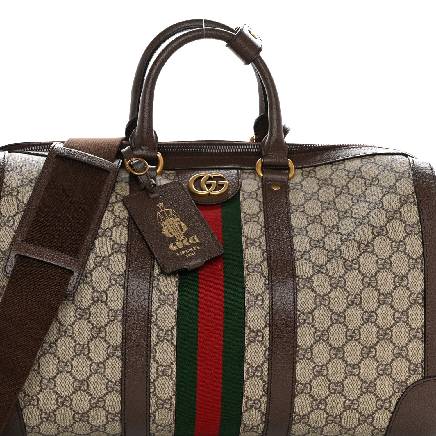 Gucci GG Supreme Monogram Textured Dollar Calfskin Web Medium Savoy Duffle Bag Beige Ebony New Acero 7 of 13