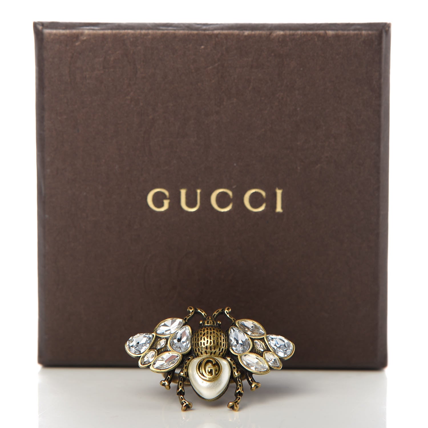 Gucci Metal Crystal Pearl Bee Ring 6 Aged Gold 5 of 5