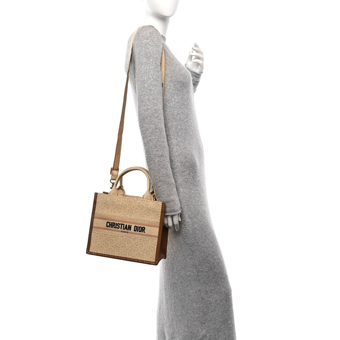 Raffia Calfskin Oblique Embroidered Small Book Tote Beige Camel