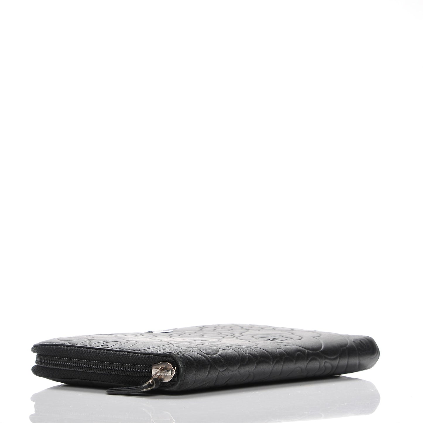 Lambskin Camellia Embossed Zip Around Organizer Wallet Black