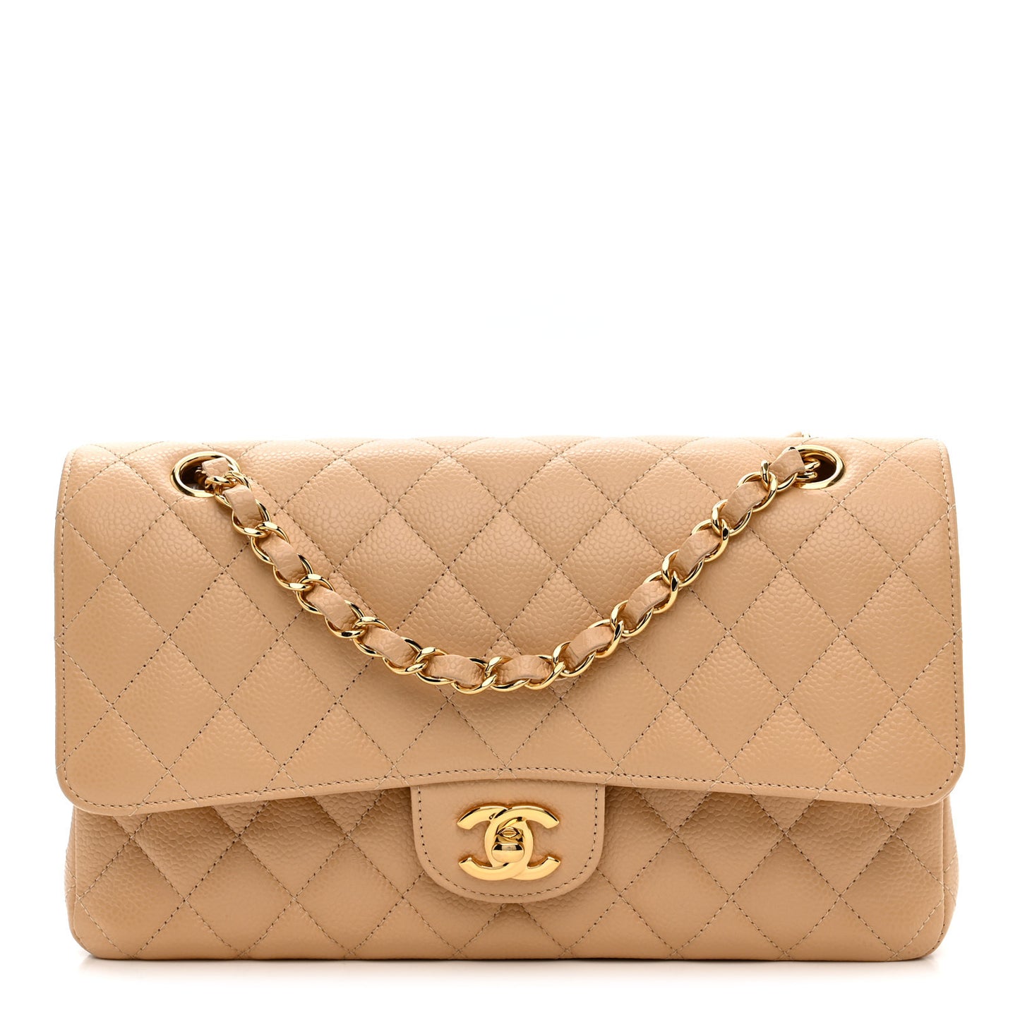 Caviar Quilted Medium Double Flap Beige