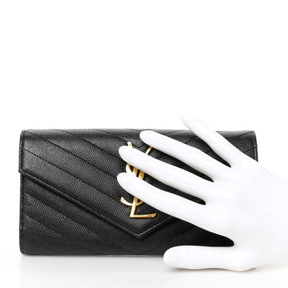 Saint Laurent Grain De Poudre Matelasse Chevron Monogram Flap Wallet Black 2 of 8