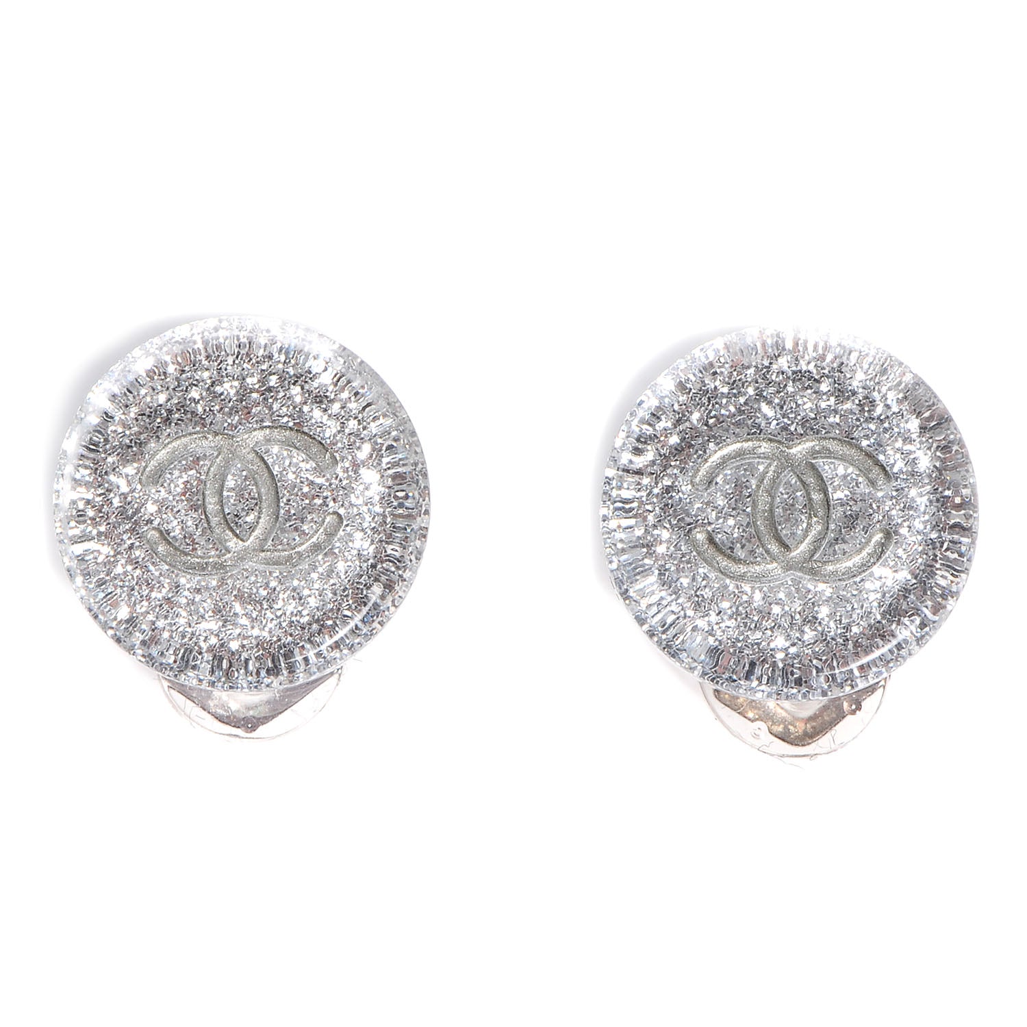 Chanel Resin Glitter CC Clip On Earrings Silver 1 of 4