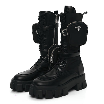 Prada Spazzolato Rois Re-Nylon Metal Triangle Logo Monolith Pouch Pocket 55mm Tall Combat Boots 39.5 Black 3 of 8