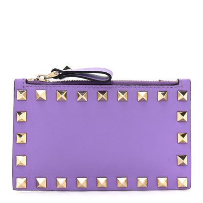 Valentino Garavani Calfskin Rockstud Coin Case Card Holder Glicine 1 of 12