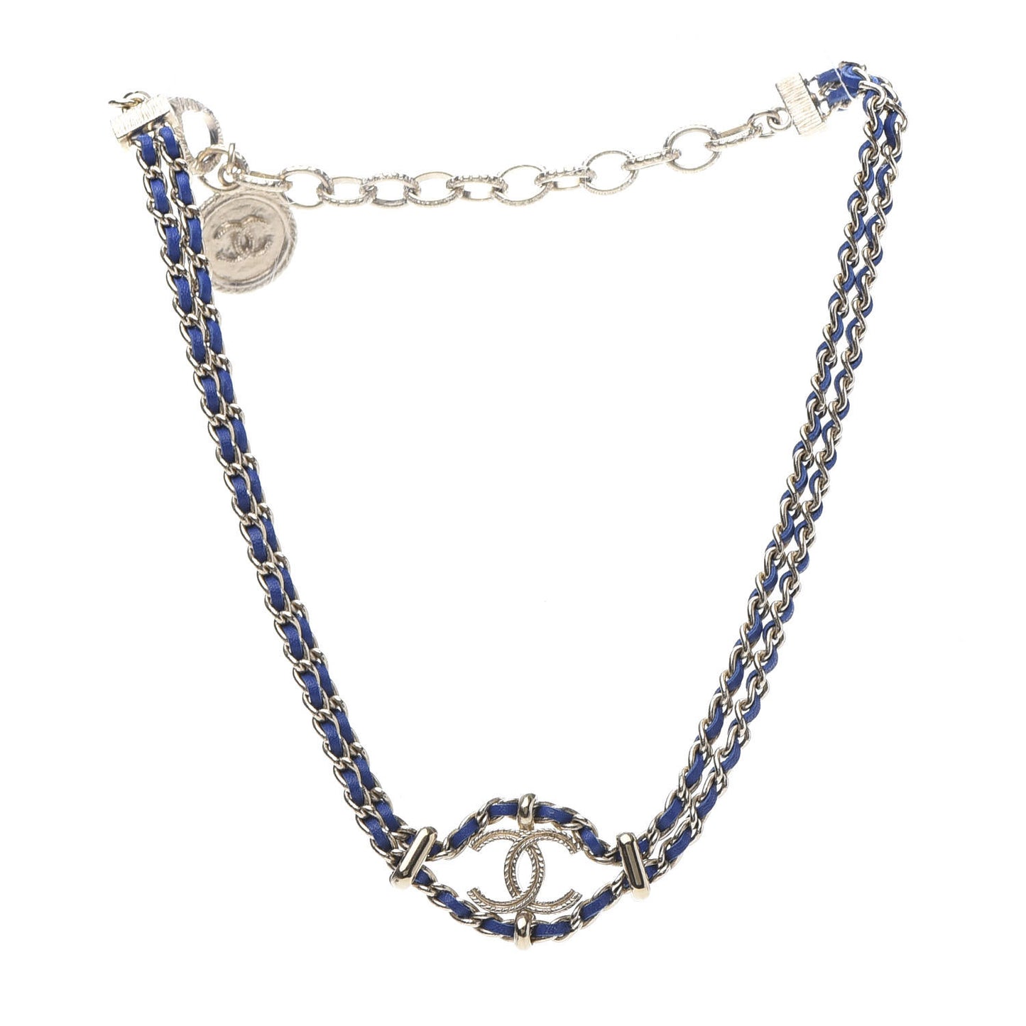 Metal Lambskin CC Chain Link Necklace Blue