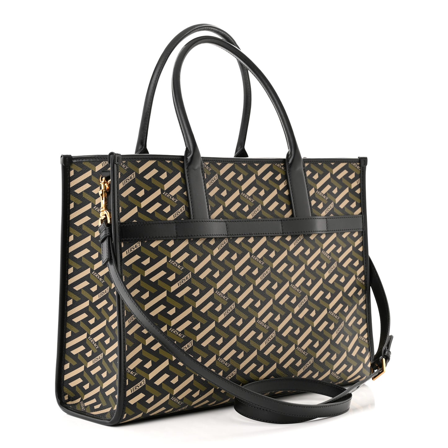 Coated Canvas Calfskin La Greca Signature Tote Bag Black Khaki