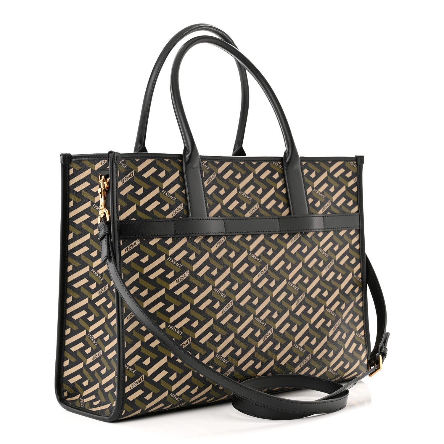 Versace Coated Canvas Calfskin La Greca Signature Tote Bag Black Khaki 3 of 9