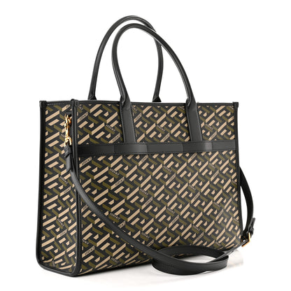 Versace Coated Canvas Calfskin La Greca Signature Tote Bag Black Khaki 3 of 9