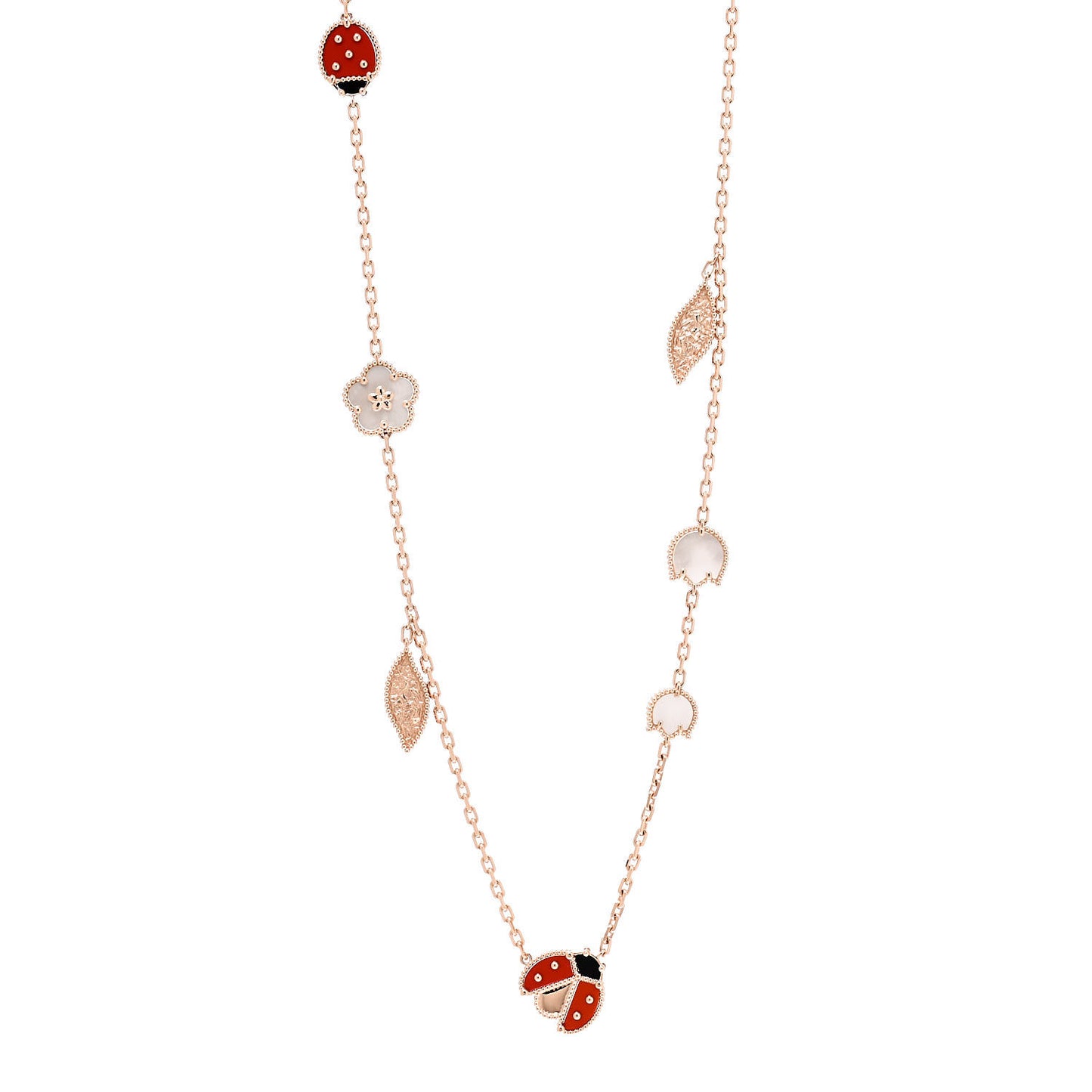 18K Rose Gold Mother of Pearl Carnelian Onyx 15 Motifs Lucky Spring Long Necklace
