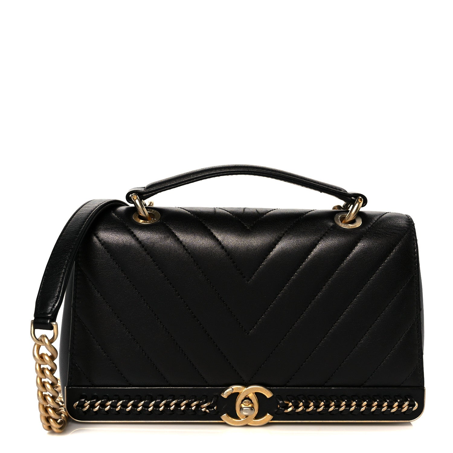 Chanel Sheepskin Chevron Stitched Chain Top Handle Flap Black 1 of 10