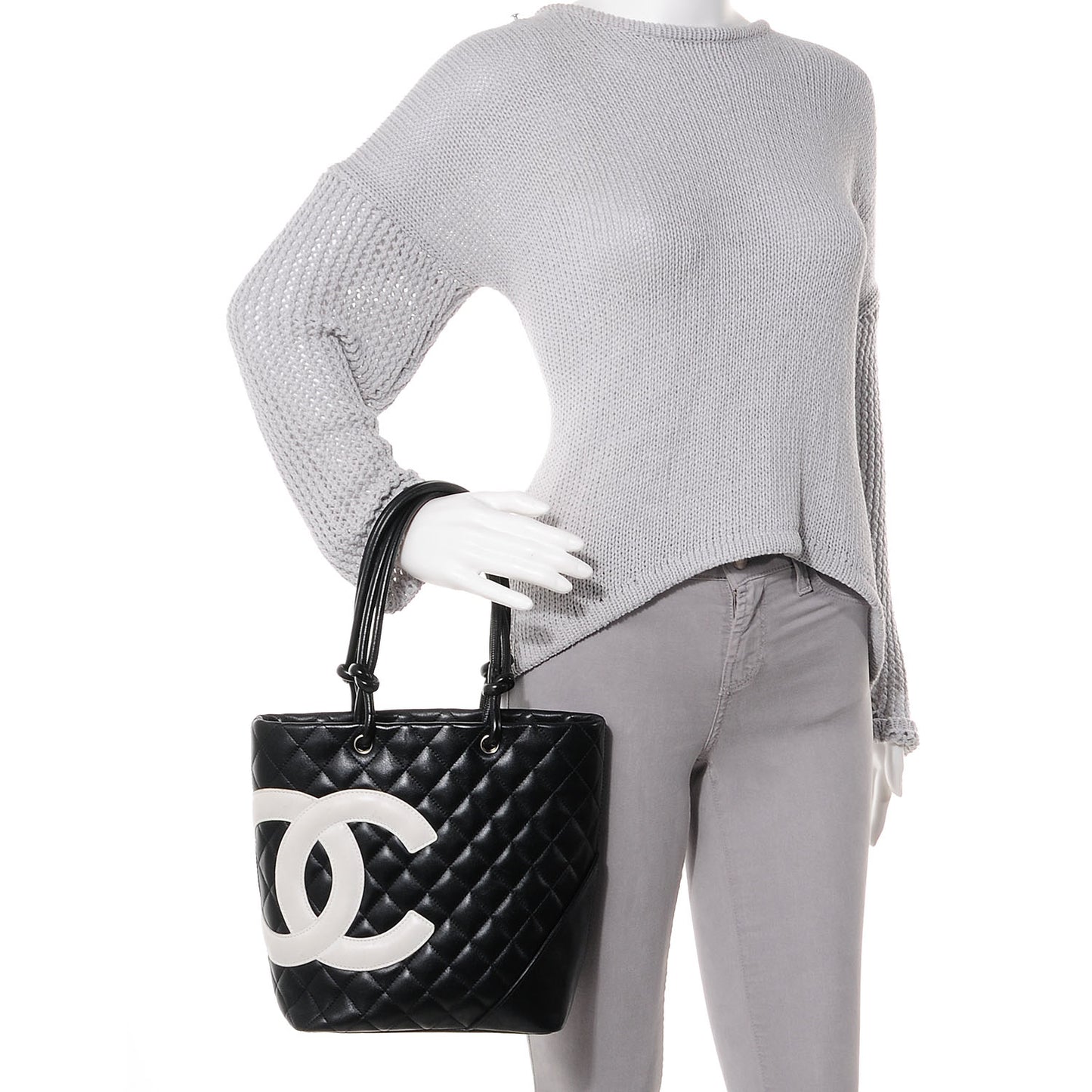 Calfskin Quilted Medium Cambon Tote Black White