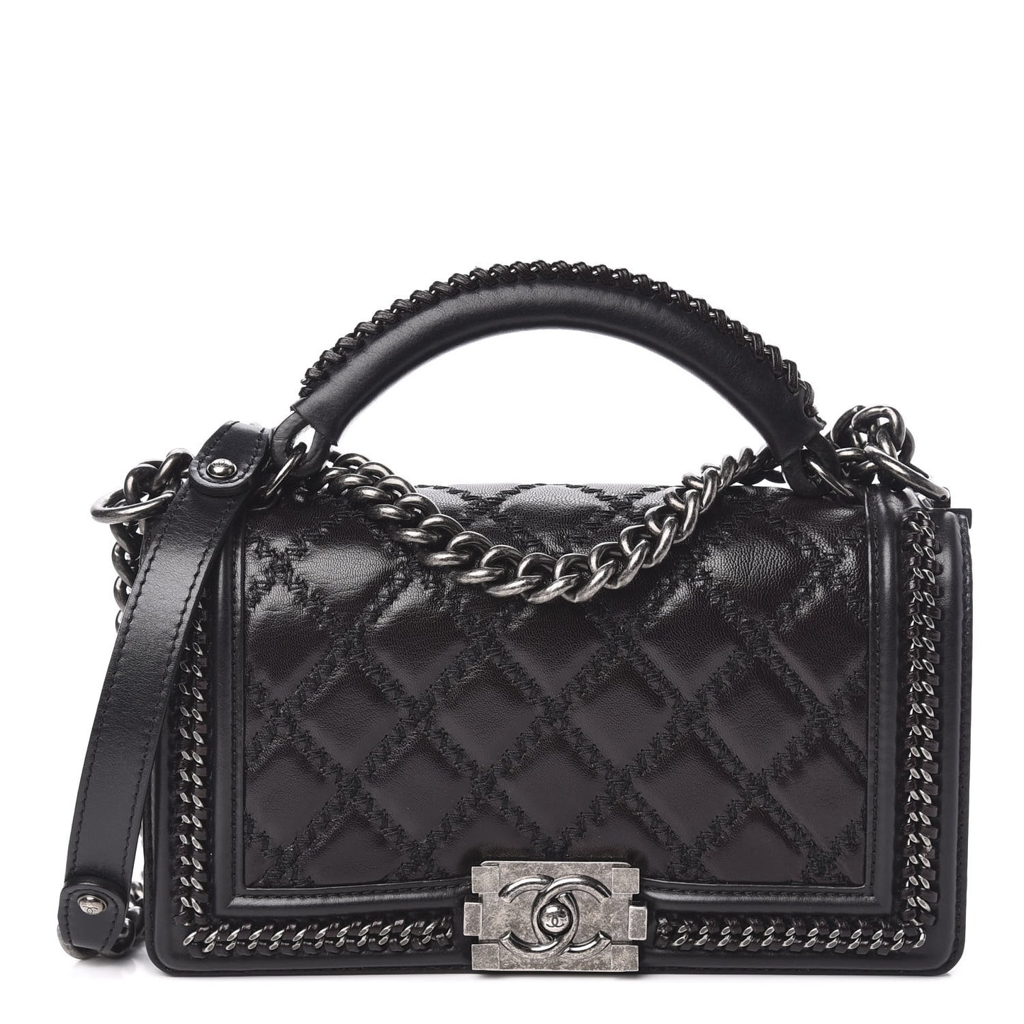 Goatskin Quilted Medium Boy Top Handle Flap Black