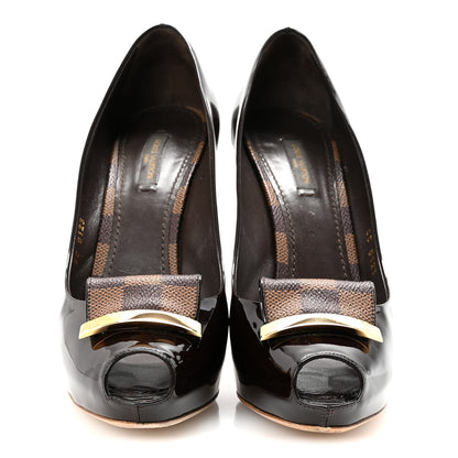 Louis Vuitton Patent Damier Ebene Peep Toe Pumps 38.5 Brown 3 of 10