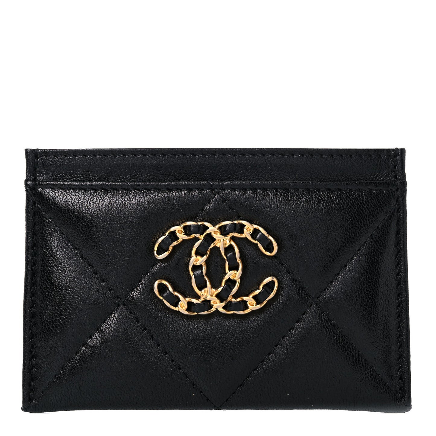 Shiny Goatskin Quilted Chanel 19 Card Holder Black