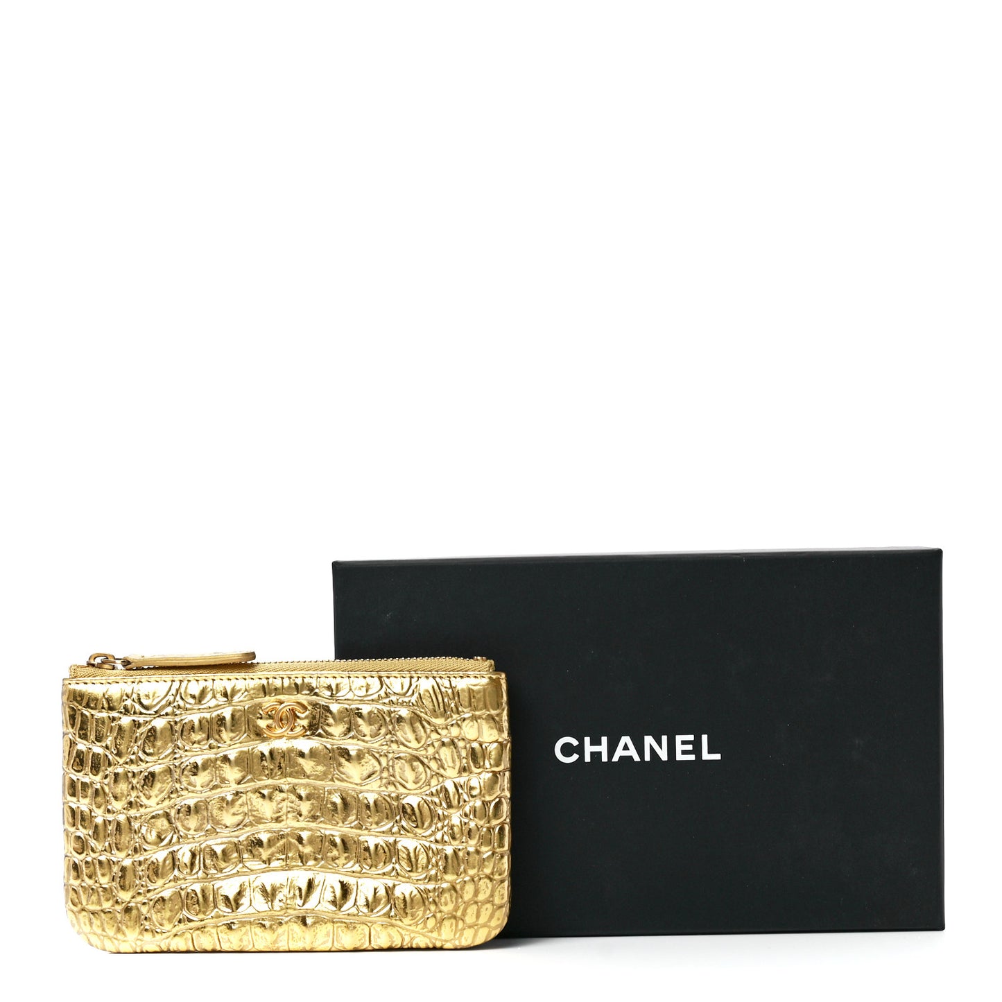 Metallic Calfskin Crocodile Embossed Cocodile Small Cosmetic Case Gold